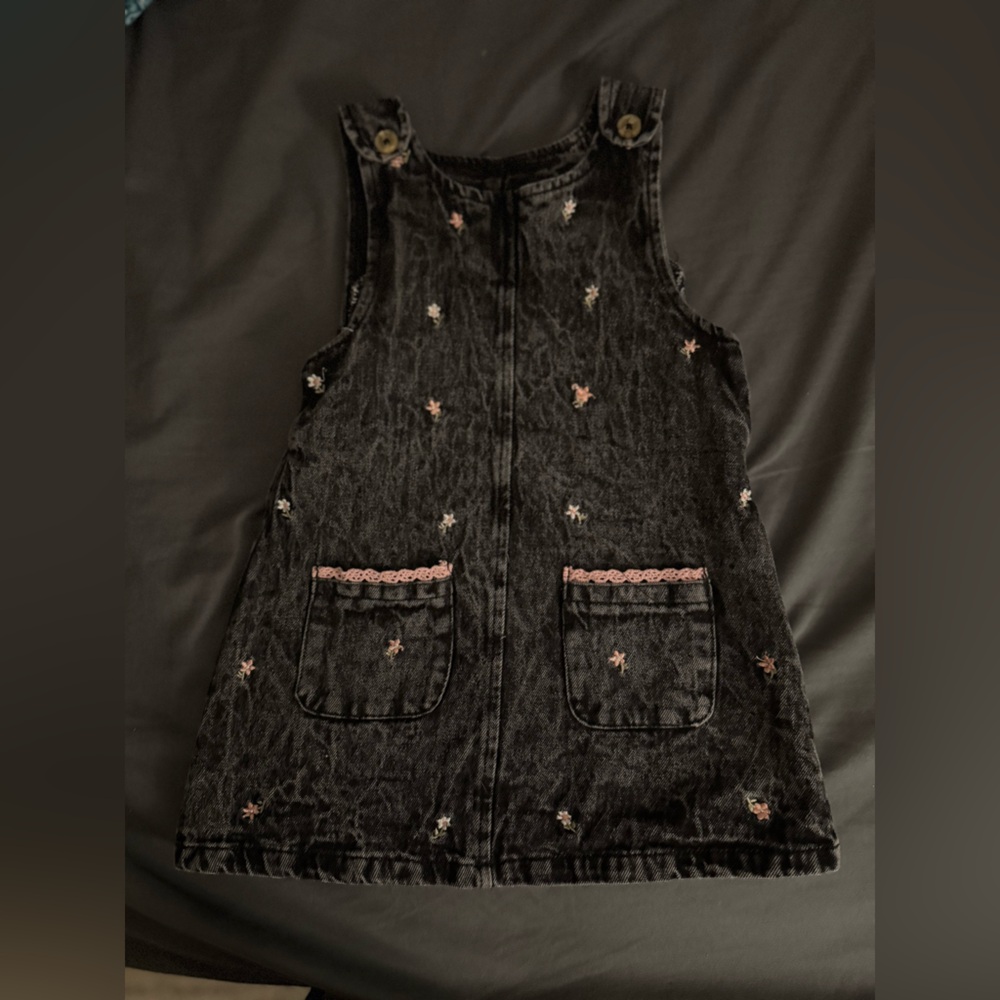 Black Denim Overalls with Pink Embroidery